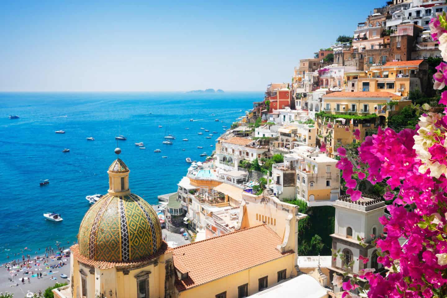 Colorful houses of Positano Amalfi Coast Italy viewed from the beach&rdquo;