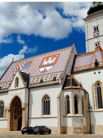 St. Mark’s Church in Zagreb with its colorful tiled roof featuring coats of arms, located in the historic Upper Town.