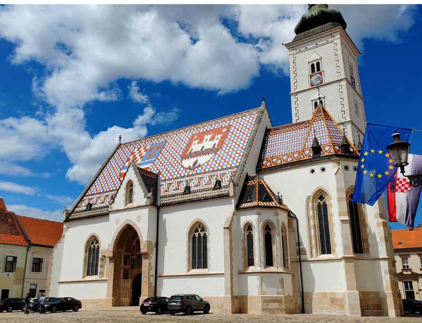 St. Mark’s Church in Zagreb with its colorful tiled roof featuring coats of arms, located in the historic Upper Town