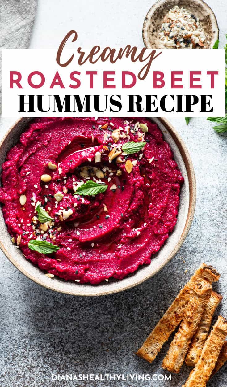 Make this vibrant roasted beet hummus recipe! A healthy, vegan beetroot dip with chickpeas, tahini & lemon. Easy, colorful & perfect for parties.