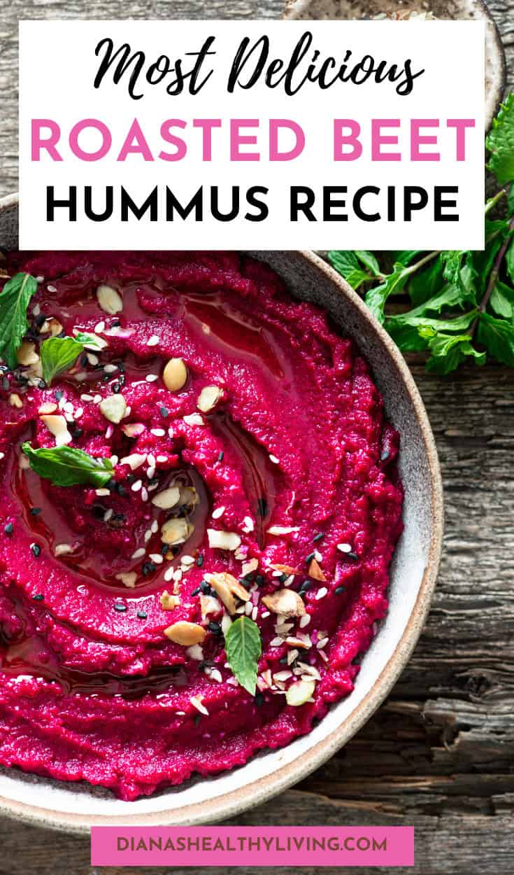 Make this vibrant roasted beet hummus recipe! A healthy, vegan beetroot dip with chickpeas, tahini & lemon. Easy, colorful & perfect for parties.