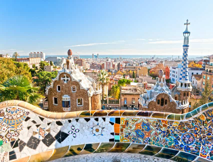 Colorful mosaics at Park G&uuml;ell in Barcelona, Spain &ndash; a Gaud&iacute; masterpiece and top tourist attraction in Spain.