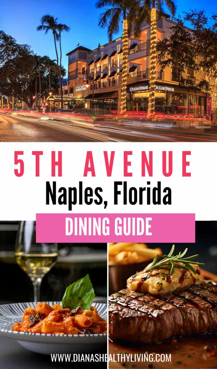 Vibrant street scene of Naples, Florida, featuring lively nightlife, illuminated buildings, and tropical palm trees.