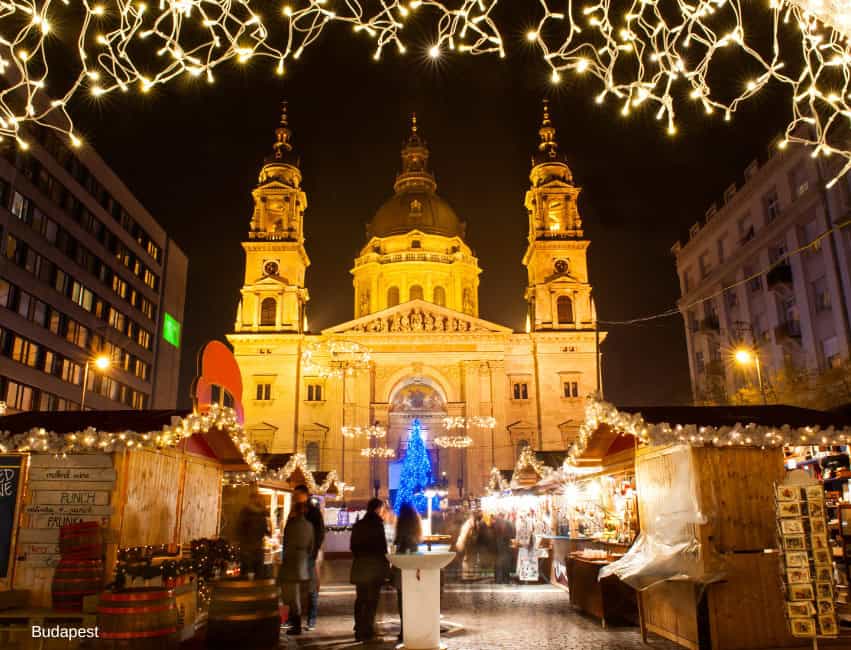 Festive Christmas market at Budapest St. Stephen's Basilica during holiday season.