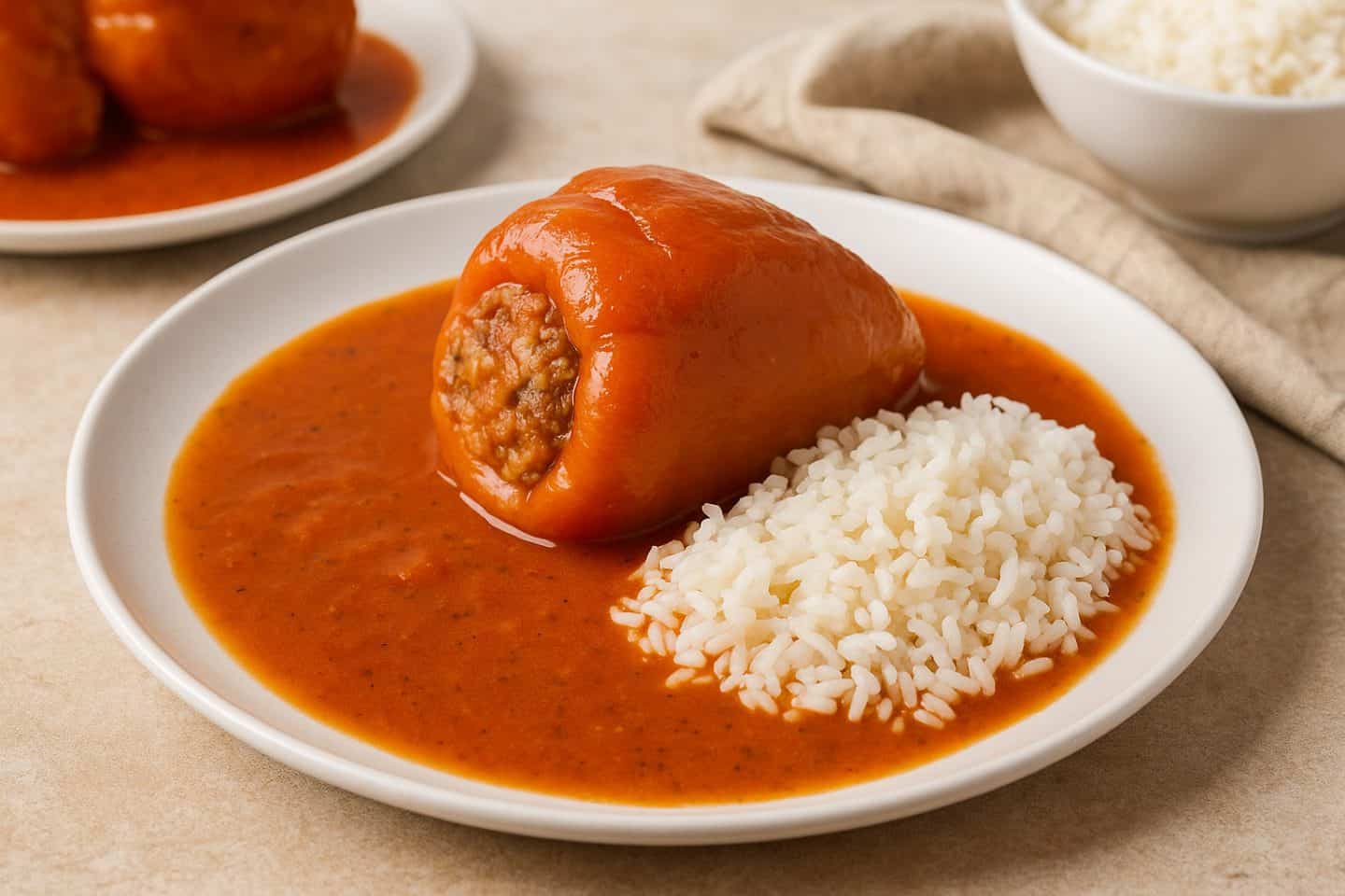 punjene paprike with rice in sauce on plate