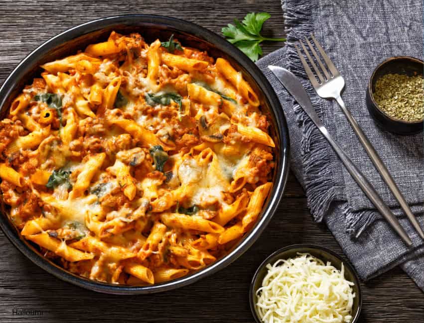 Creamy baked pasta with cheese, ground meat, and herbs on rustic wooden table.