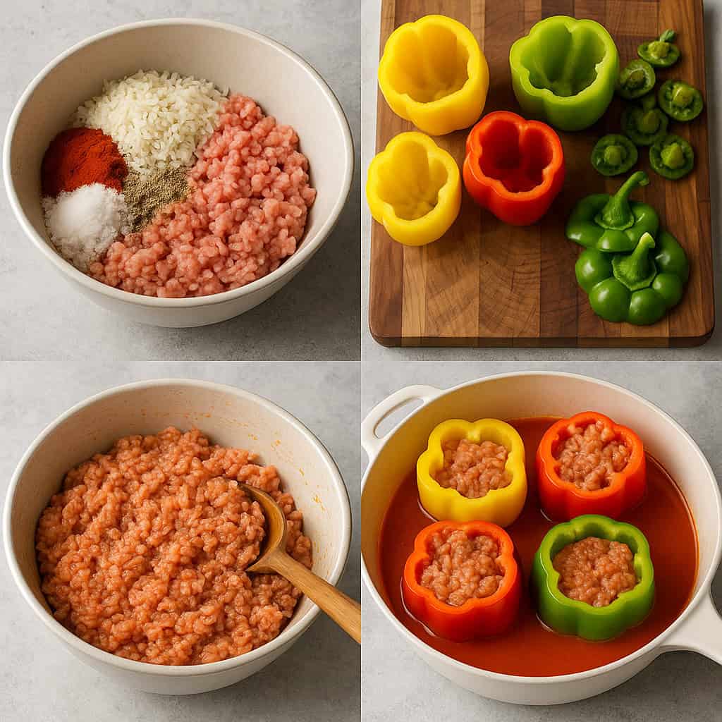 punjene paprike croatian stuffed peppers ingredients, rice, ground beef, peppers