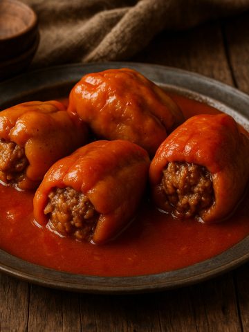 plated punjene paprike in sauce on table