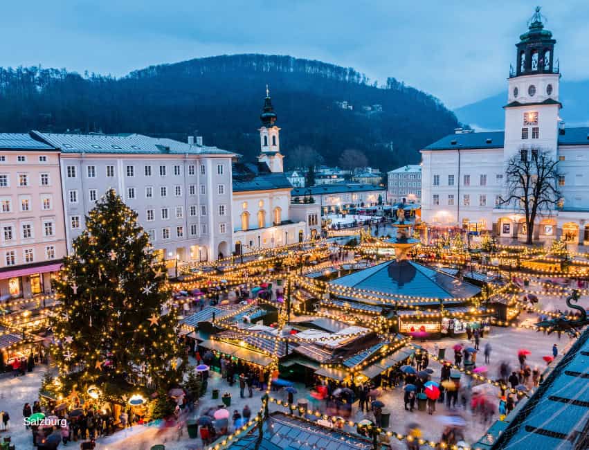 Festive Christmas market in Salzburg with holiday lights and decorated trees, ideal for healthy living holiday traditions.
