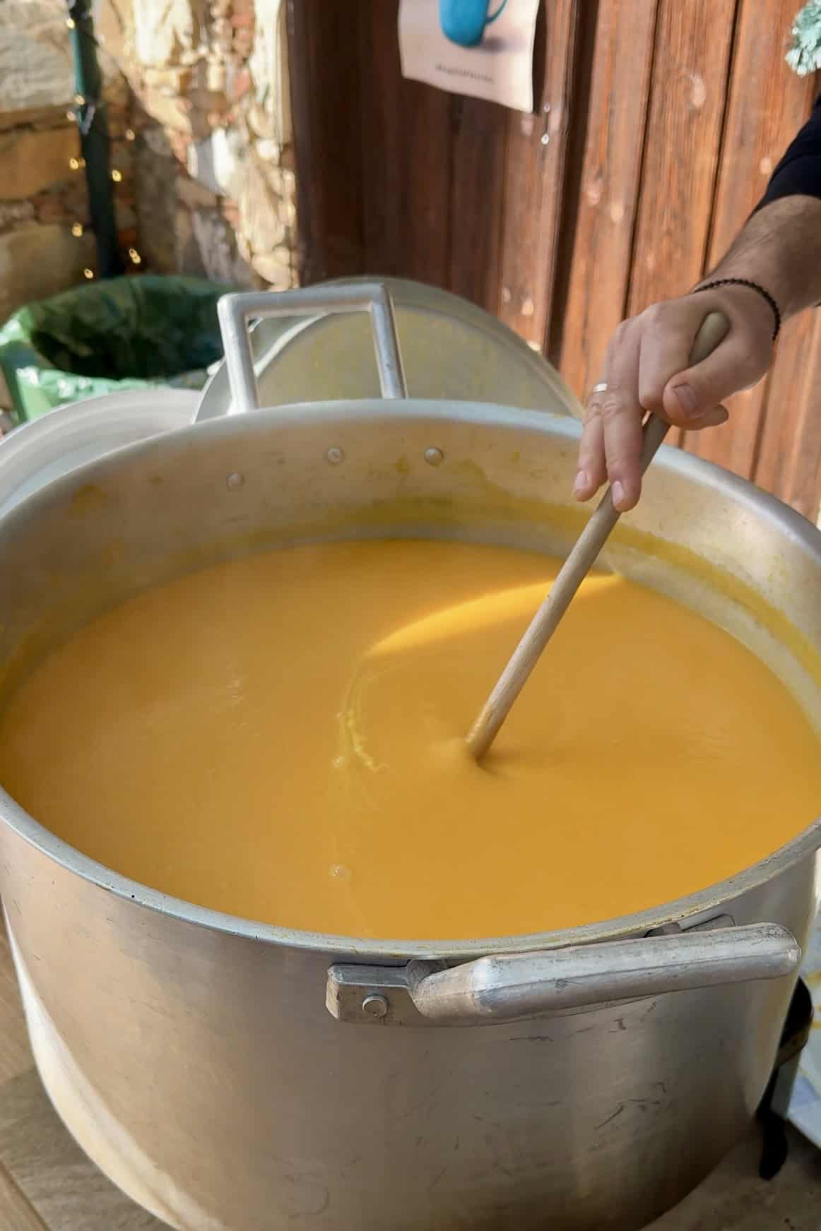 Rustic Cypriot trahana soup made from fermented wheat and goat&rsquo;s milk, served with chunks of halloumi