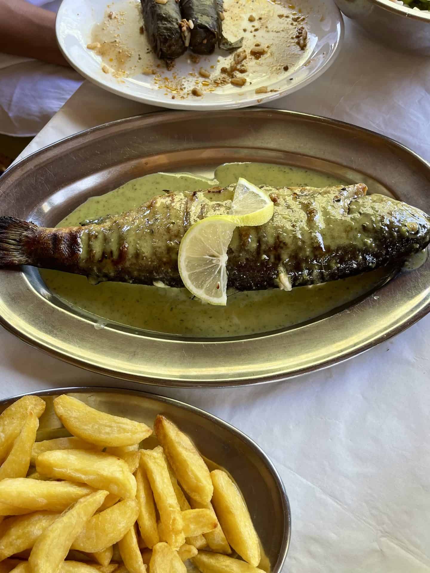 Fresh whole fish in lemon herb sauce served with crispy fries for a healthy living meal.
