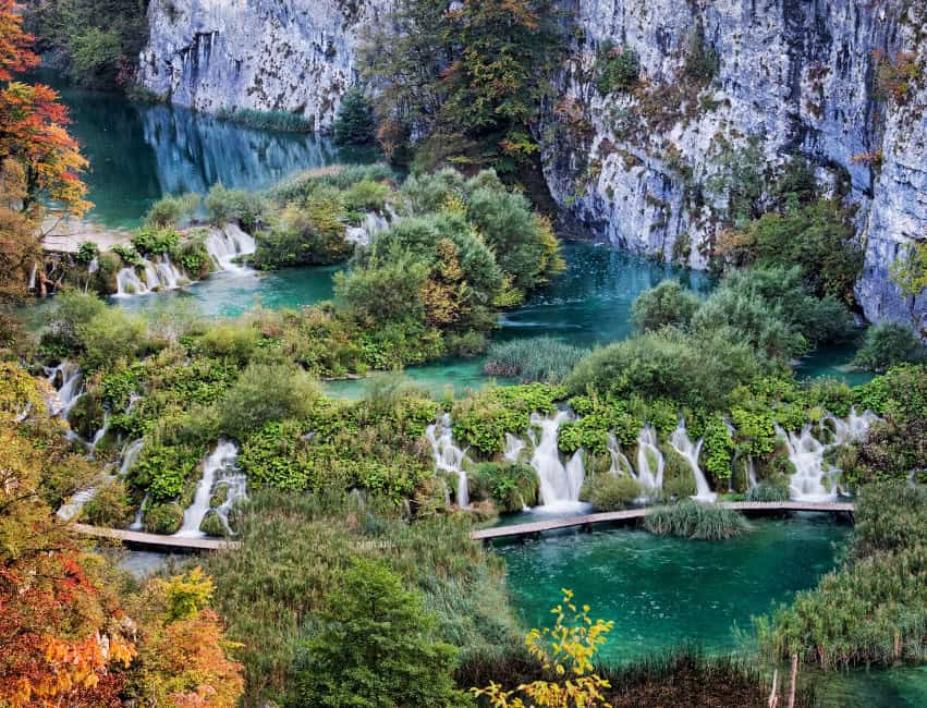 Aerial view of turquoise lakes in Plitvice National Park Croatia