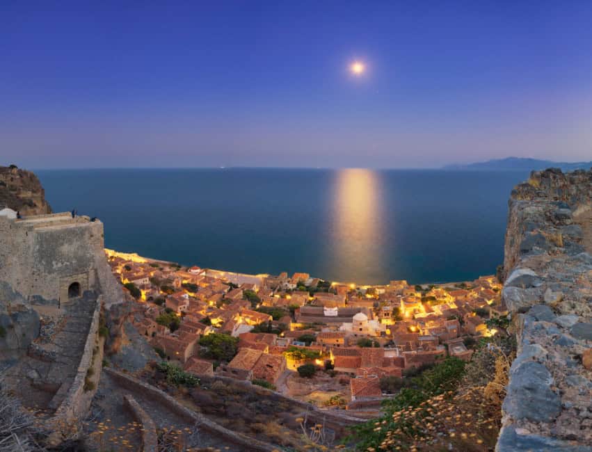 A medieval fortress town carved into a rock island, often called the &ldquo;Gibraltar of Greece.&rdquo;