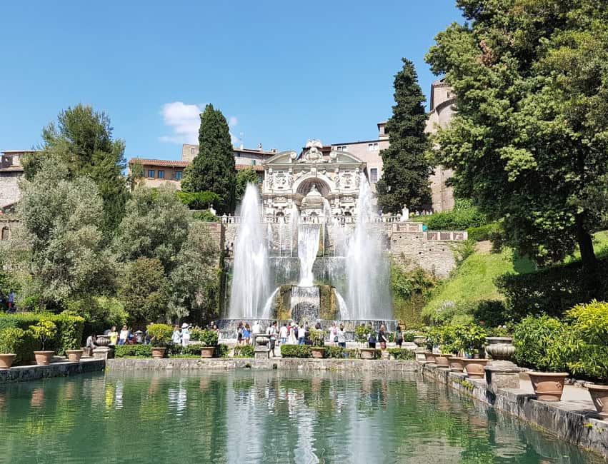 Fountains and gardens of Villa d’Este in Tivoli with soft winter sunlight