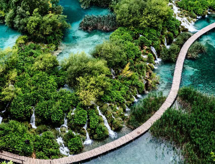 Aerial view of plitvice lakes croatia waterfalls