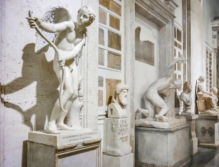 Interior of the Capitoline Museums in Rome with ancient Roman statues on display during winter visit