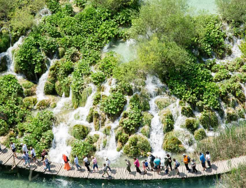 croatia waterfalls plitvice lakes croatia aerial view of boardwalk with people