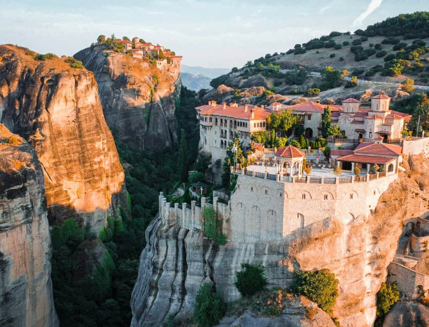 Meteora monasteries perched on rock pillars, a UNESCO site in central Greece.