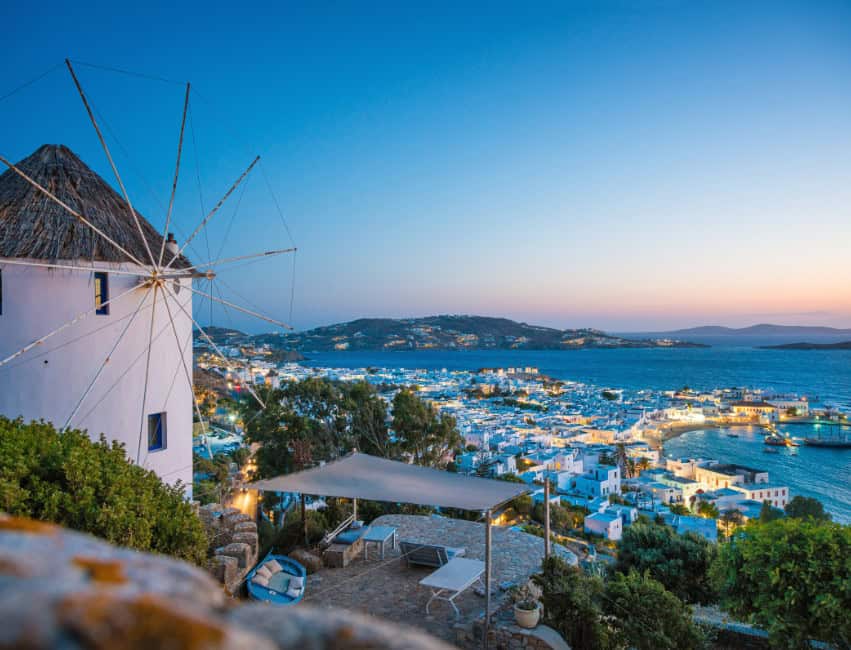 Famous windmills of Mykonos island, iconic Greek tourist attraction.