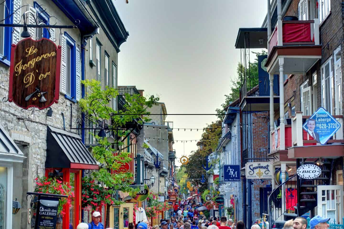 Old Quebec cobblestone streets with Château Frontenac, tourist attractions Canada