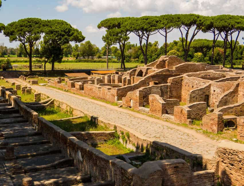 Ancient ruins and theater of Ostia Antica on a clear winter day
