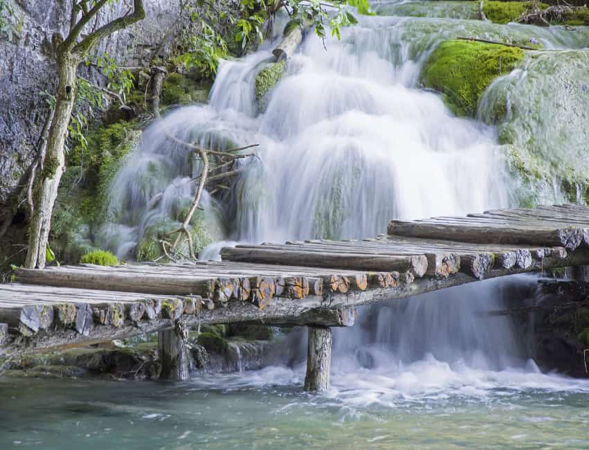 Plitvice lakes national park croatia boardwalk with waterfalls