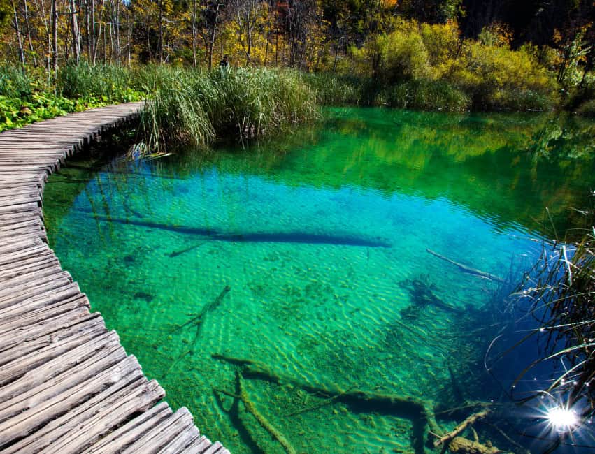 Bright turquoise water of Plitvice Lakes during summer in Croati