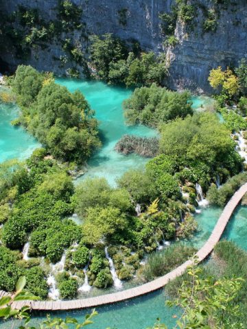 Wooden boardwalk along waterfalls in Croatia’s Plitvice National Park