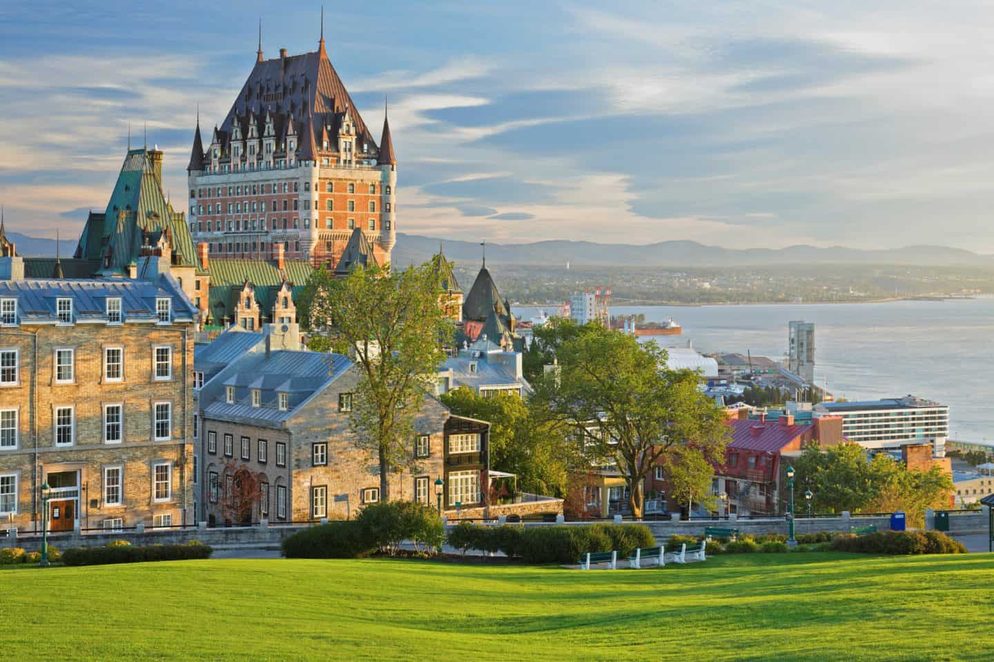 Old Quebec cobblestone streets with Château Frontenac, tourist attractions Canada