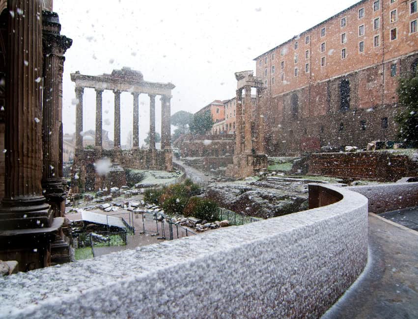 Ancient ruins of the Roman Forum with soft winter sunlight