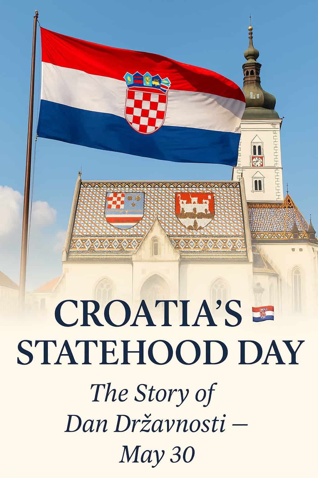 Croatian flag flying over St. Mark&rsquo;s Church in Zagreb on Statehood Day, May 30, Dan državnosti.