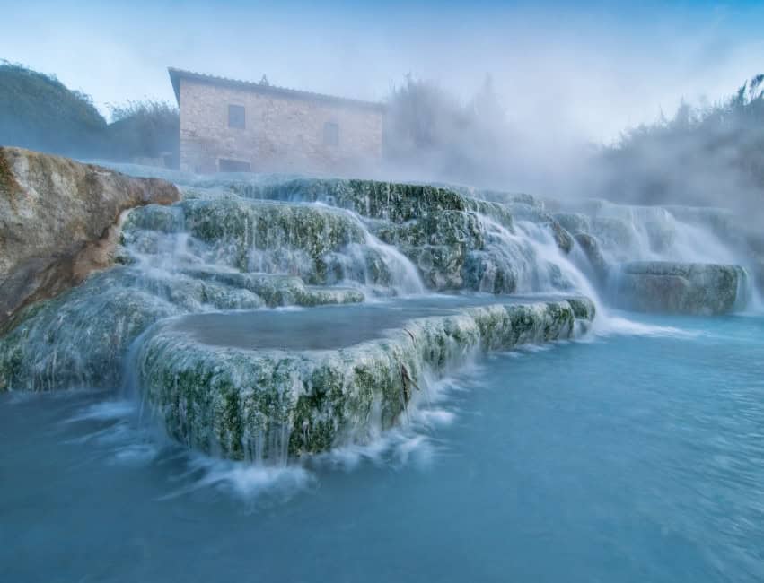 Steaming thermal baths near Rome surrounded by winter countryside