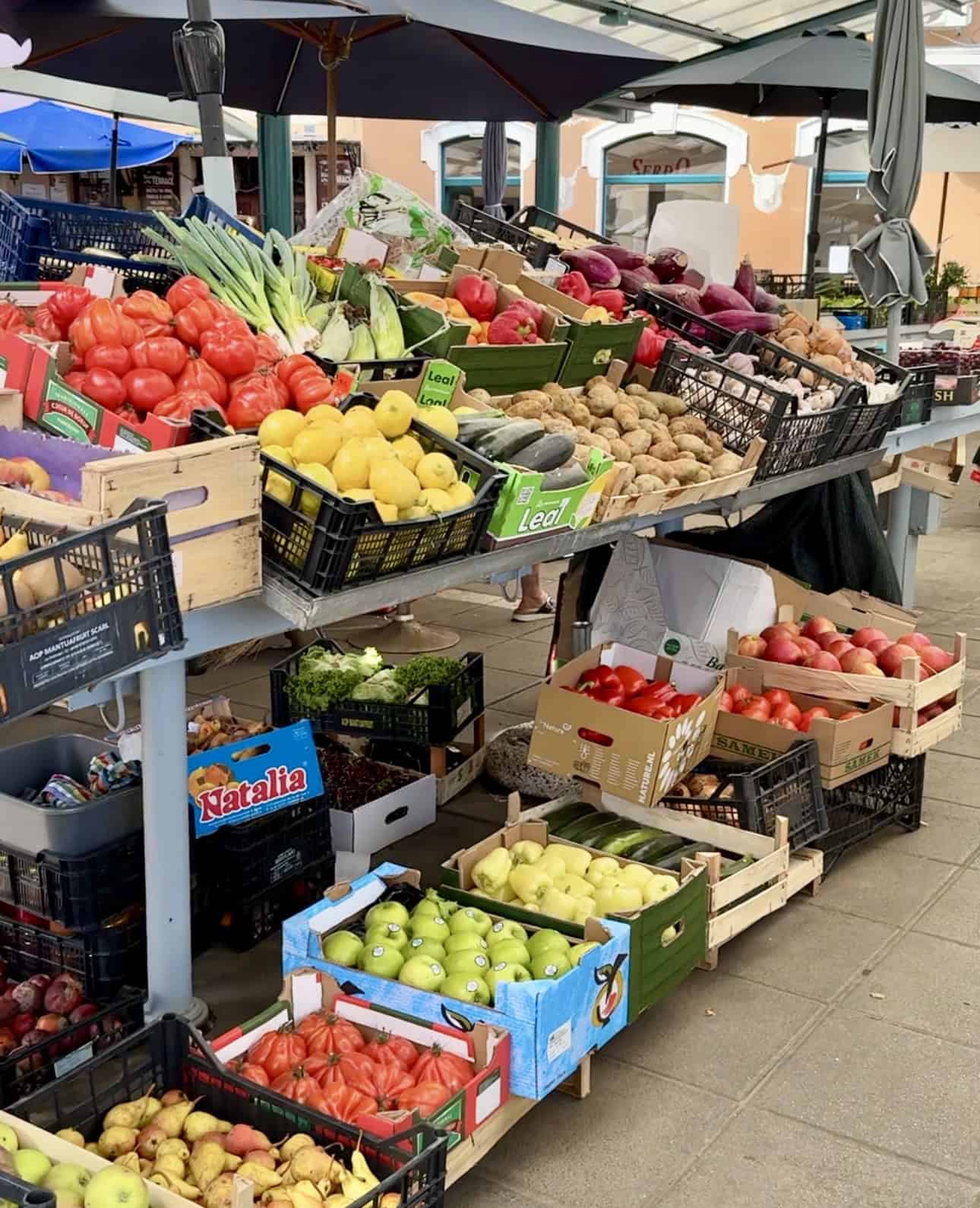 Rovinj market stalls with local produce truffles and olive oil