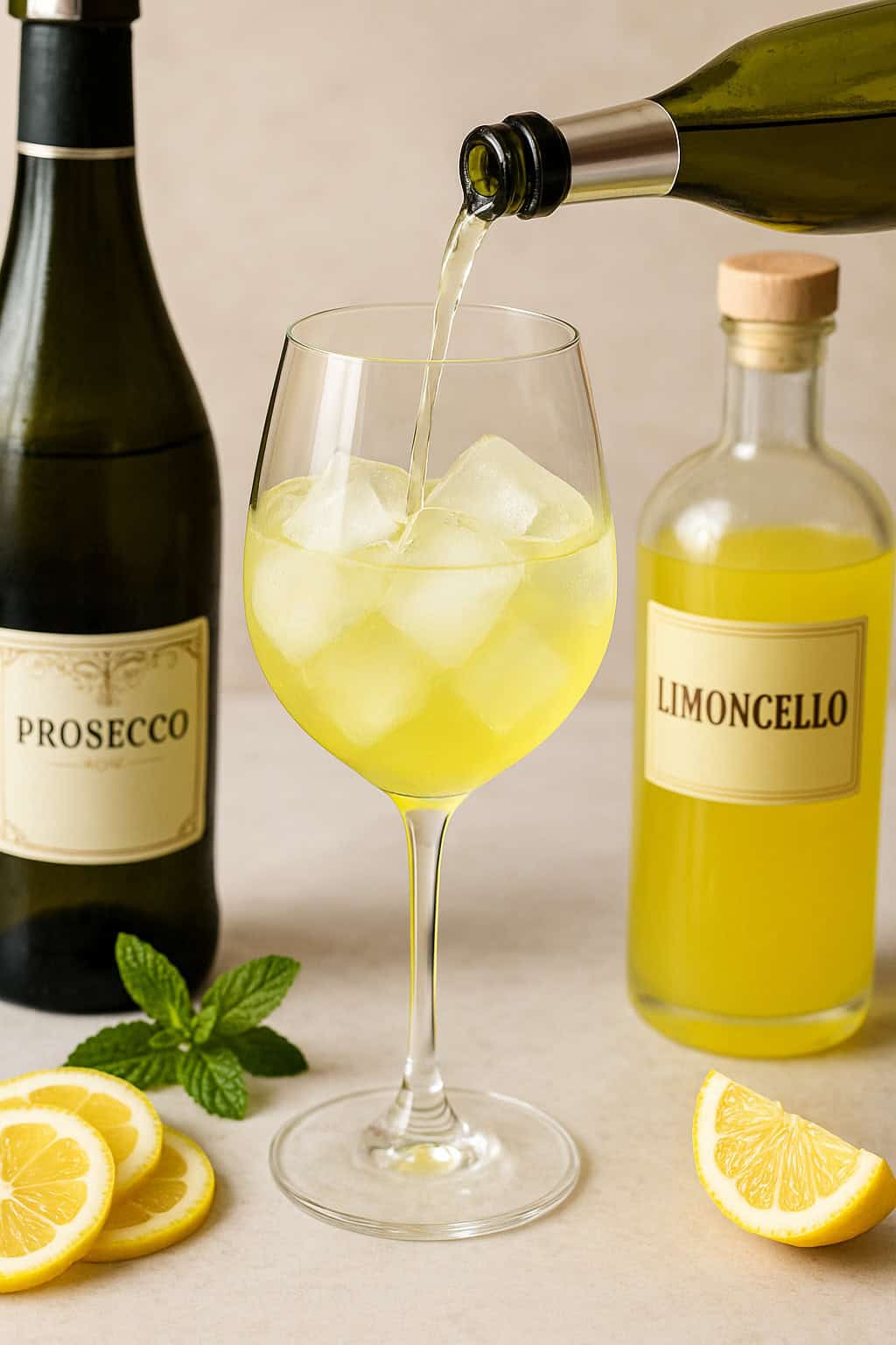 limoncello spritz cocktail pouring prosecco in class with ice cubes and slices off lemon and min with bottle of prosecco and limoncello