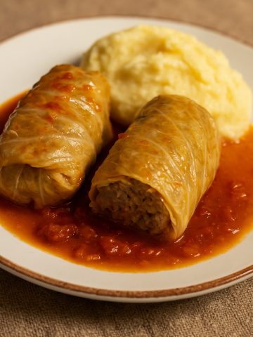 Croatian sarmas cabbage rolls in tomato sauce with mashed potatoes sarma recipe, sarma recept