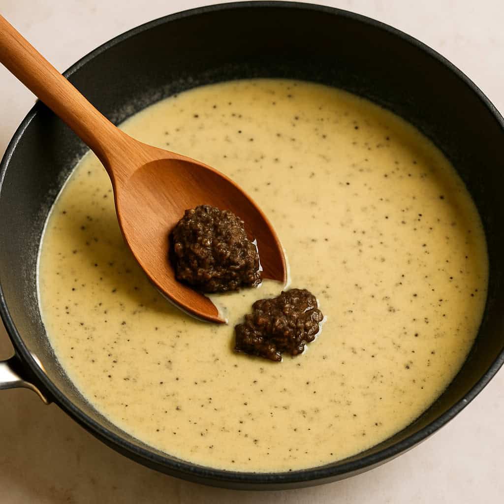 Creamy truffle sauce in a black bowl with wooden spoon for truffled pasta