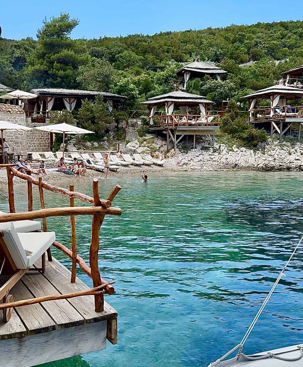 view of BOWA Dubrovnik Restaurant cabanas and Sipan Bay