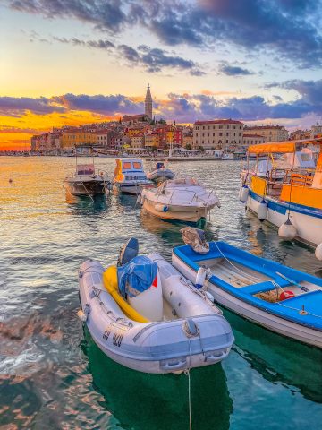 Rovinj Croatia skyline from boat on the Adriatic Sea