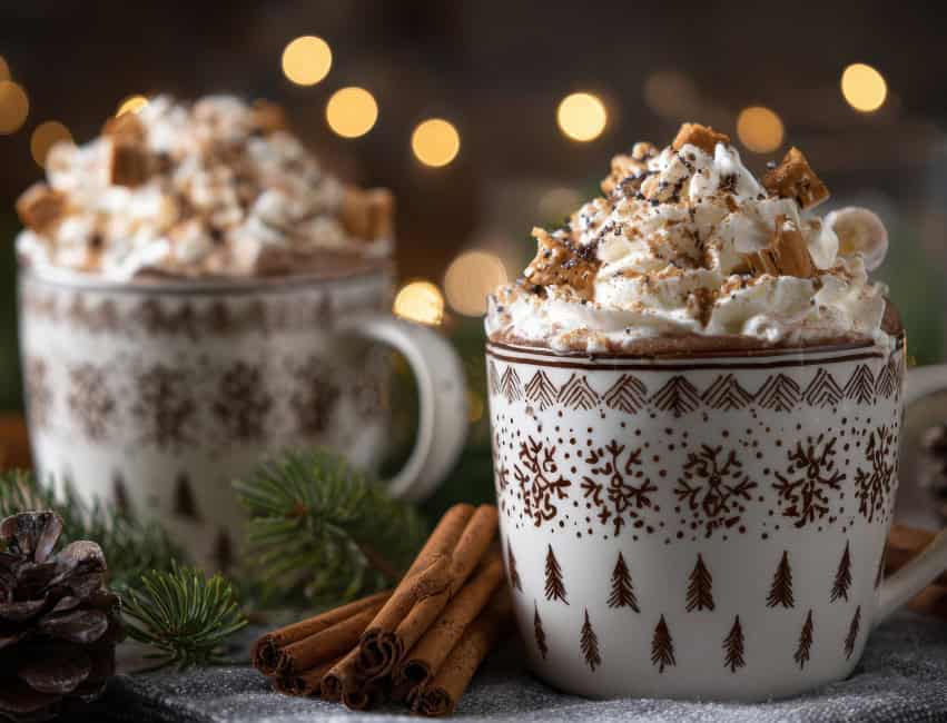 white hot chocolate with whipped cream in decorative mug with cinnamon sticks on the side christmas drinks