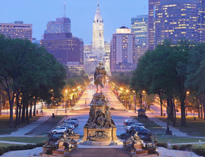 view of downtown philadelphia street and landmarks