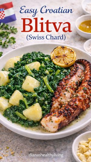 This authentic Croatian blitva recipe is a simple Mediterranean side dish made with Swiss chard with potatoes, garlic, and olive oil. A classic Croatian-style recipe served with grilled fish along the Dalmatian coast. Healthy, easy, and full of flavor.