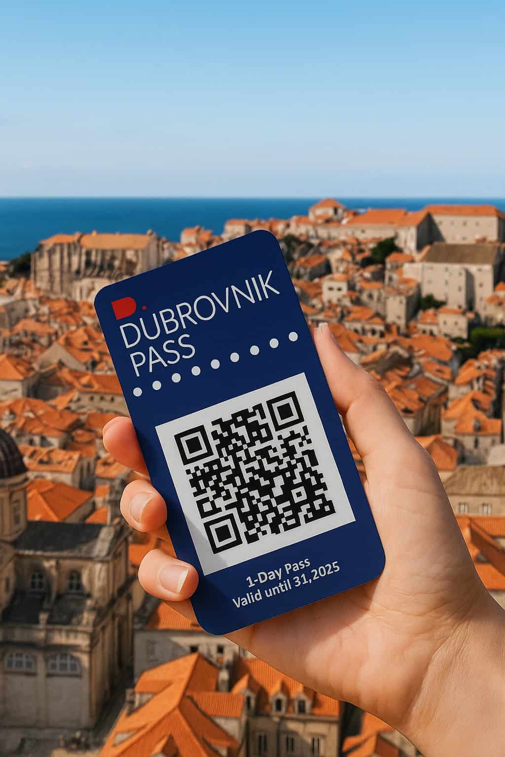 hand holding cell phone with dubrovnik city pass bar code with city of dubrovnik in background