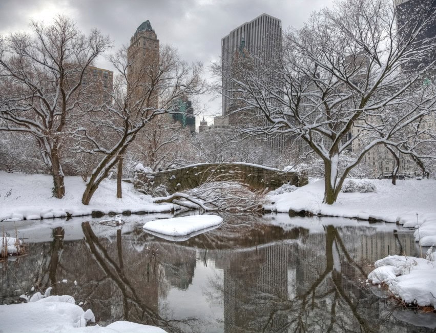 view of central park bridge with snow in new york city