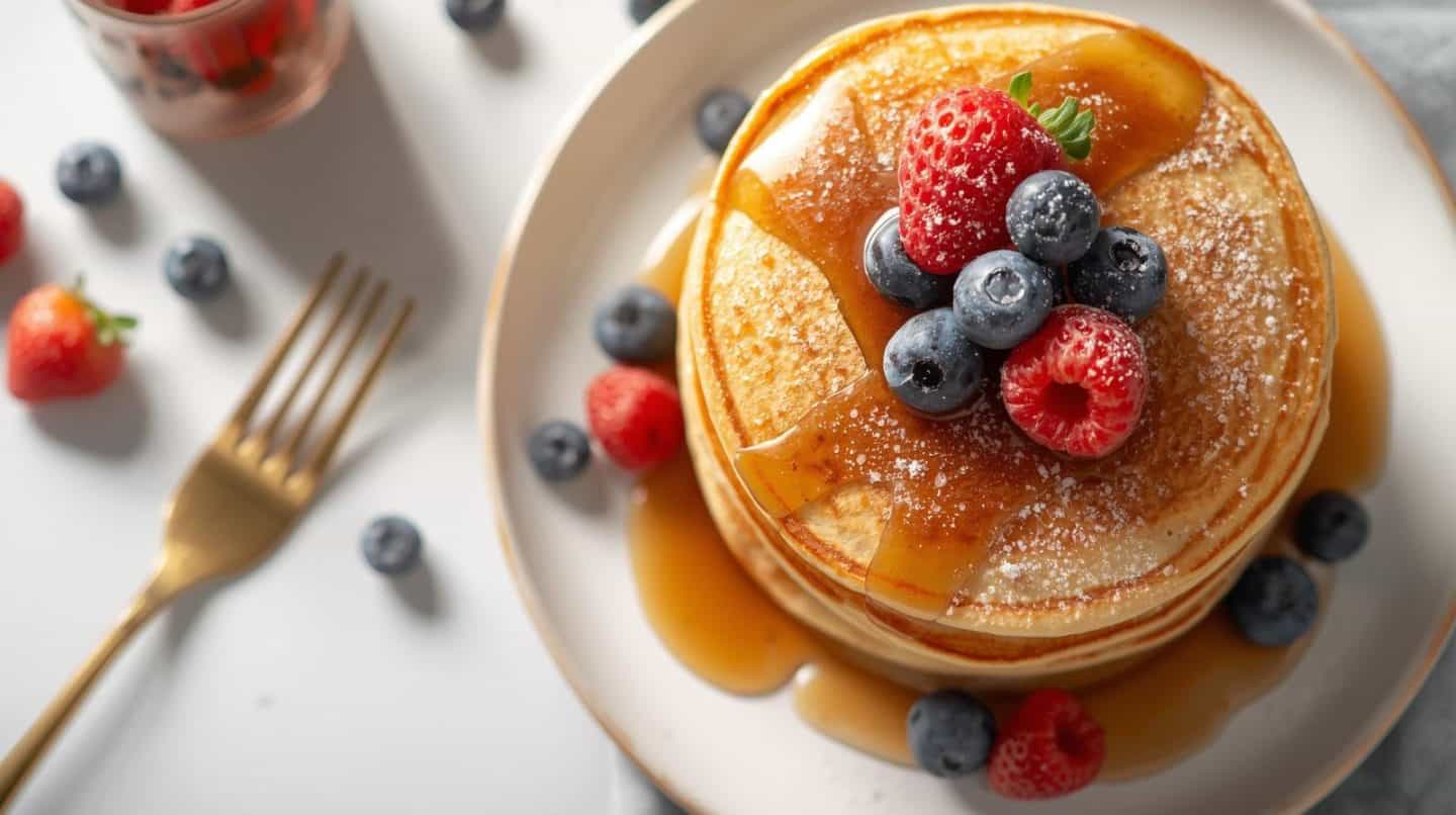 Make fluffy high protein pancakes with protein powder and oats. Easy protein pancakes recipe with exact macros, perfect for healthy breakfasts and fitness goals.