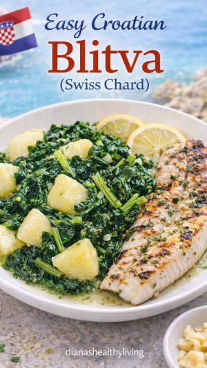 This authentic Croatian blitva recipe is a simple Mediterranean side dish made with Swiss chard with potatoes, garlic, and olive oil. A classic Croatian-style recipe served with grilled fish along the Dalmatian coast. Healthy, easy, and full of flavor.